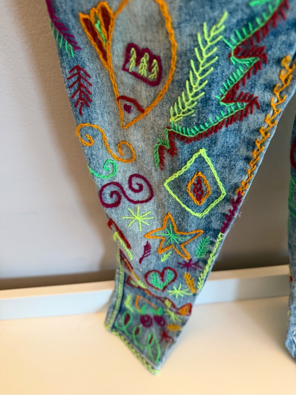 Custom Hand Embroidered Denim Overalls Light Wash Acid Jeans Neon Folk Art Style - Picture 4 of 11